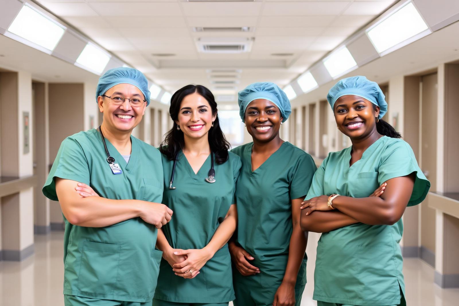 Three ophthalmic surgeons in scrubs smiling